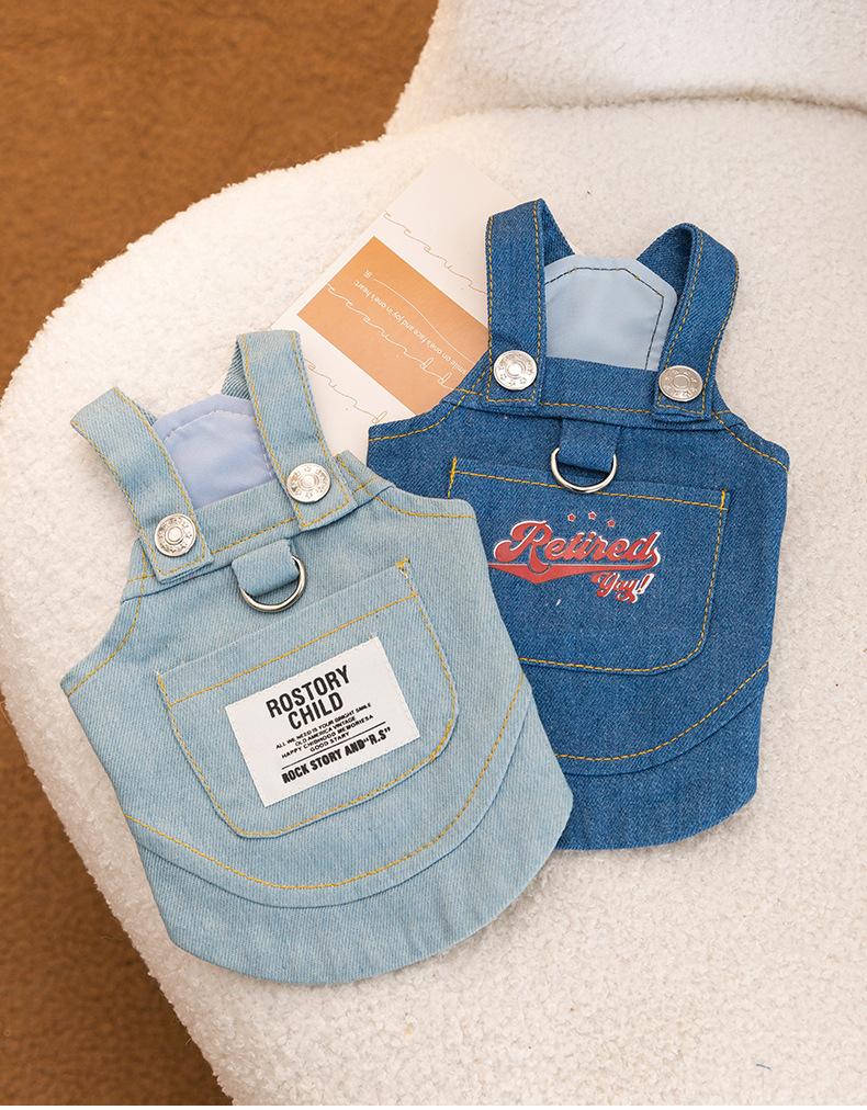 Haine pentru cățeluș, toamnă, cu bretele subțiri, fustă din denim, mic de pluș poate trage două picioare, îmbrăcăminte pentru animale de companie