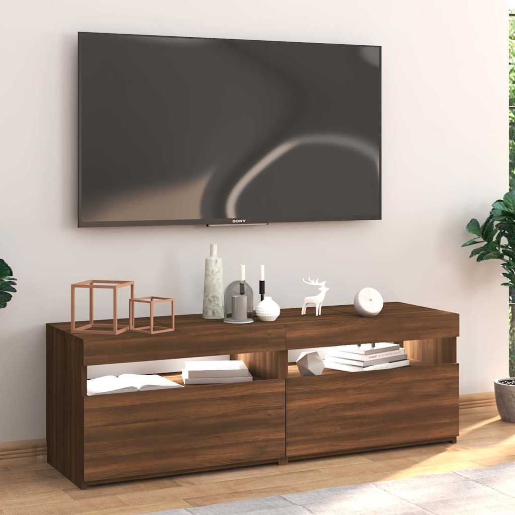 Moderner TV-Schrank Im Vintage-Stil Mit LED-Licht Außenansicht Aus Brauner Eiche 120x35x40 Cm