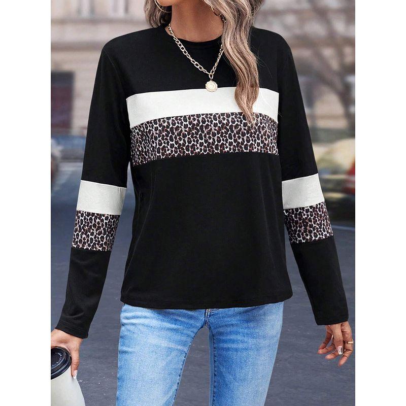 European and American Commuter Versatile Leopard Print Color Matching Long sleeves Shirt Women 2025 Autumn New Loose O-neck pullover Top