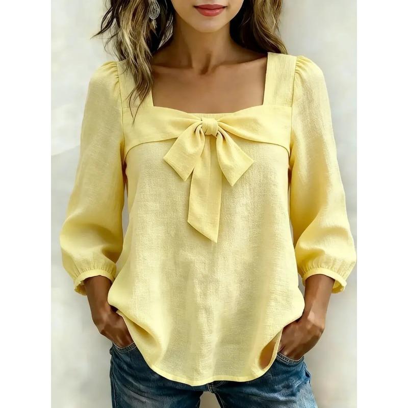 TIFICY Women s Fashion Casual Spring Autumn Solid Color Print Long Sleeve Square Collar Blouses & Shirts S жёлтый