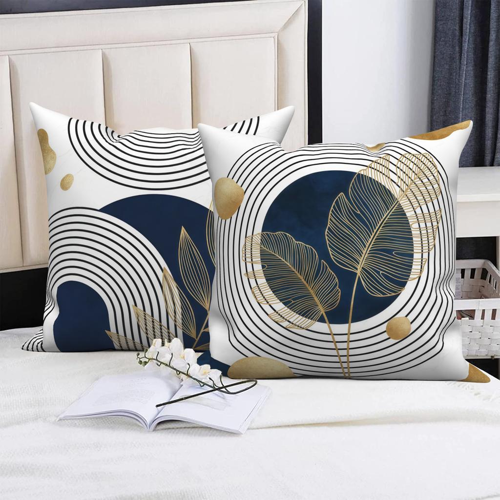 Luxury Abstract Throw Pillow Covers Set Of 4 Navy Blue Gold Leaf Geometric Pillowcase Polyester Linen Fabric Modern Home Decor