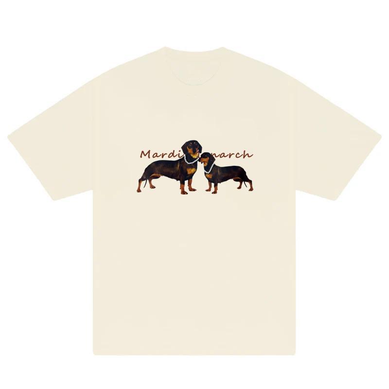Korean Mardi short-sleeved t-shirt pearl necklace dachshund dog print Penne same cotton heavy t-shirt top S