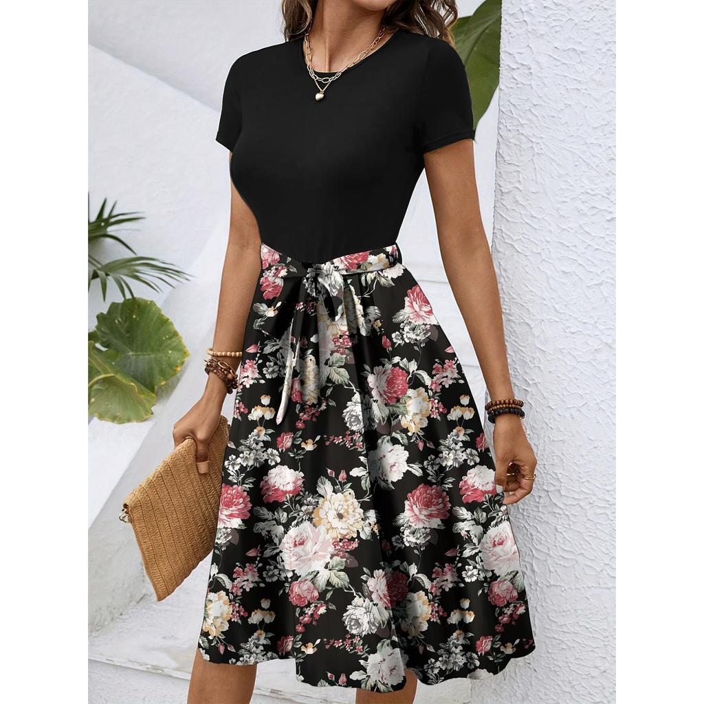 Dámské módní retro vzorované tištěné barevně blokované šaty