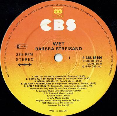 LP Record BARBRA STREISAND - Wet CBS86104 CBS 1979 UK Soul/Funk Used