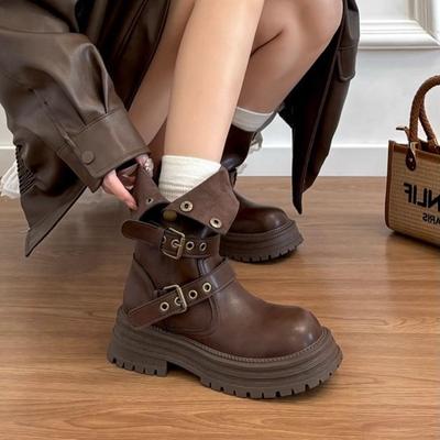Mode Damenstiefel Mode Retro Komfort Gürtelverschluss Revers Damen Stiefeletten Klobige Plateau PU Leder Ritterstiefel Botas Mujer