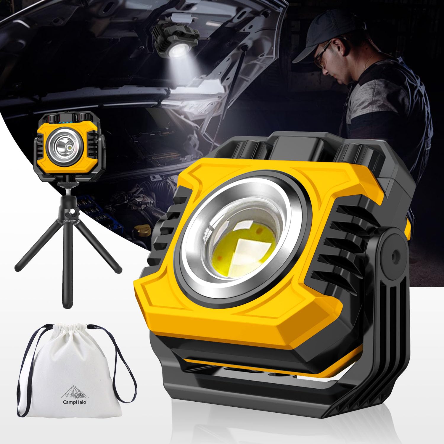 

Qifeiyax [7-100H Runtime, Tripod and Storage Bag Included] LED Floodlight, Rechargeable Work Light, COB Light [Ultra-Bright 5000 Lumens, Stepless