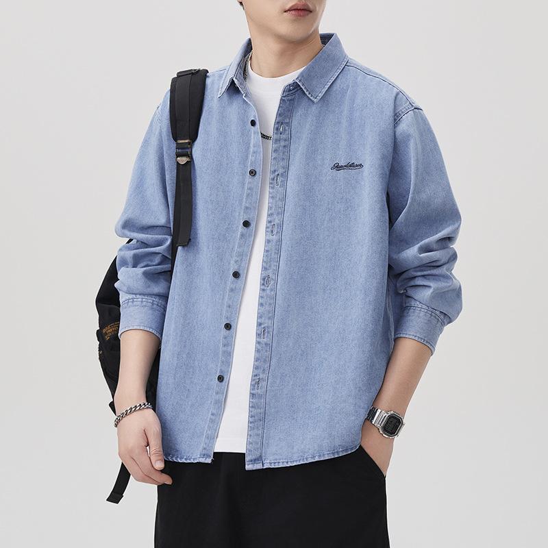 

Японская Ретро Джинсовая Рубашка из Чистого Хлопка Мужская Модная Свободная Повседневная Американская Весенняя Новая Рубашка 3XL