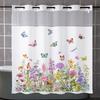 No Hook Floral and Butterfly Shower Curtain With Snap-in Fabric Liner, Sheer Top Window, Waterproof Double Layer Bathtub Curtain