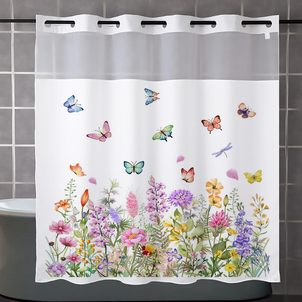 No Hook Floral and Butterfly Shower Curtain With Snap-in Fabric Liner, Sheer Top Window, Waterproof Double Layer Bathtub Curtain