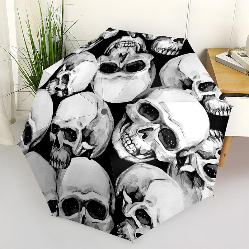 "Spooky Skulls: Halloween Watercolor Patterned Decorative Sticker" Umbrella, Portable 3 Fold Compact Umbrella for Men & Women,S41