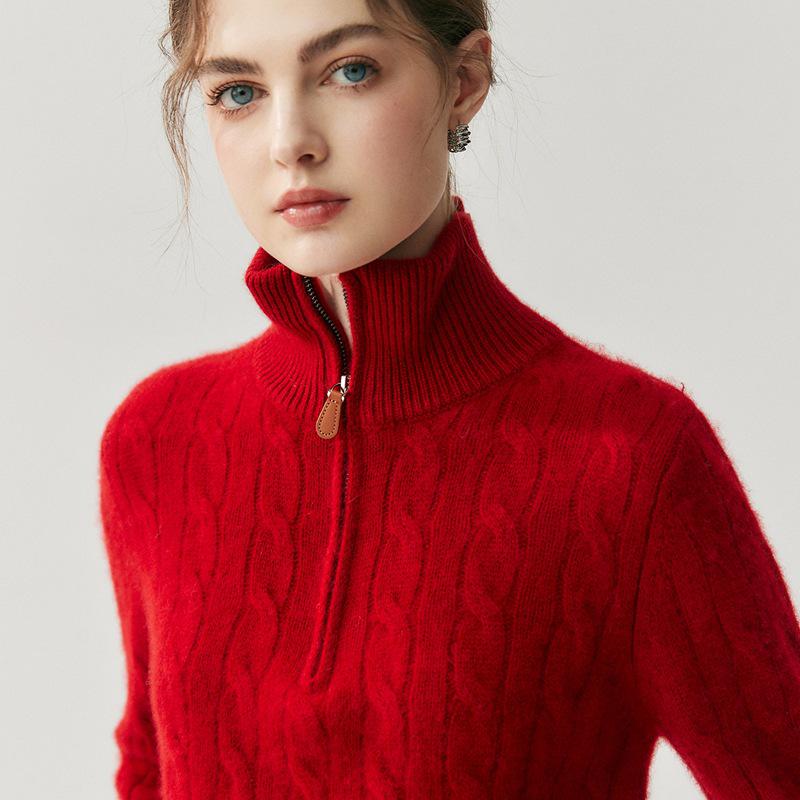 Women s High Neck Cashmere Cable Knit Sweater with Half Zip Extra Large