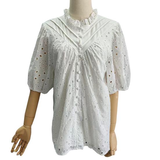 Women Tops V-Neck Puff Short Sleeves Hollow Out Crochet Shirt Solid Color Loose Fit Blouse Outdoor Leisure Wear