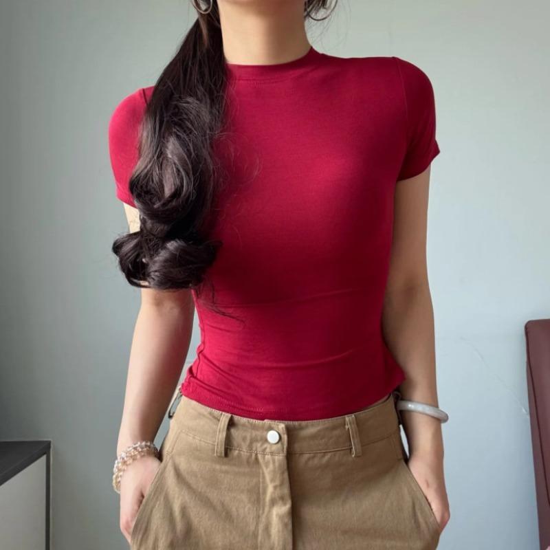 Amoi Women's Solid Color Kardashian Crew Neck Slim-Fit Short Bottom Shirt Basic Short Sleeve Shirt