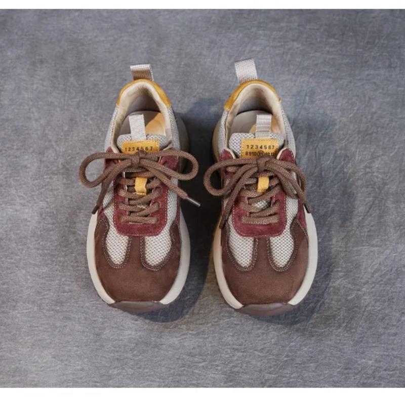 Johnature Mesh Splicing Genuine Leather Breathable Women's Shoes Thick Sole Mixed Colors Casual Sports Shoes