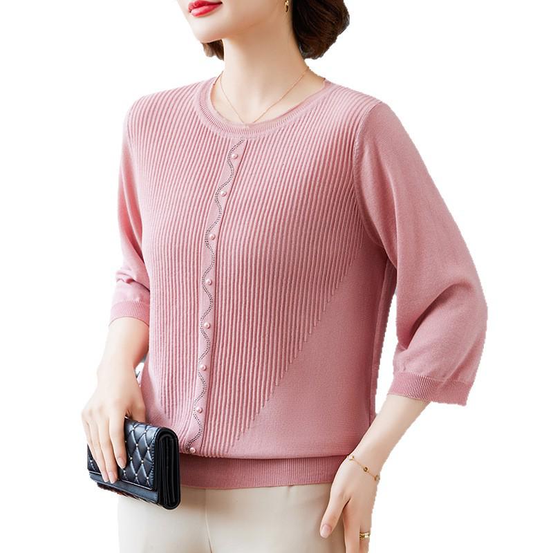 Stylish Thin Base Layer Knit T-Shirt for Middle-Aged Women, Small Size, Mid-Sleeve, Perfect for Spring and Autumn