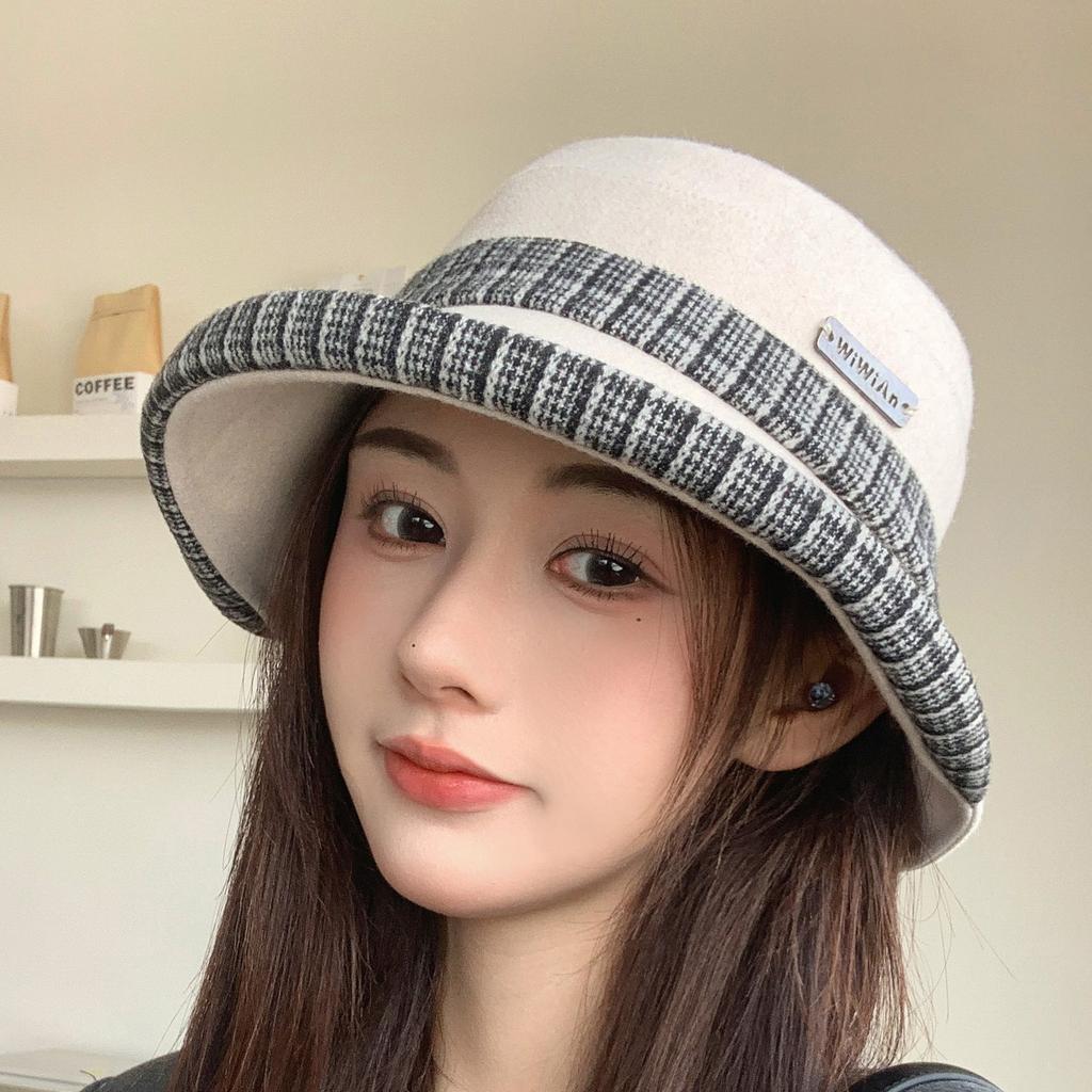 Retro plaid curled brim bucket hat women's autumn and winter thick fashion versatile sun hat shows a small face new basin hat