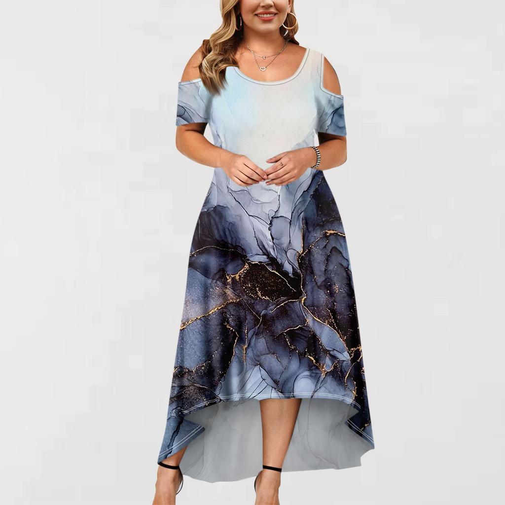 Women's Casual Fashion Printed Dress Round Neck Short Sleeve Pullover Dresses