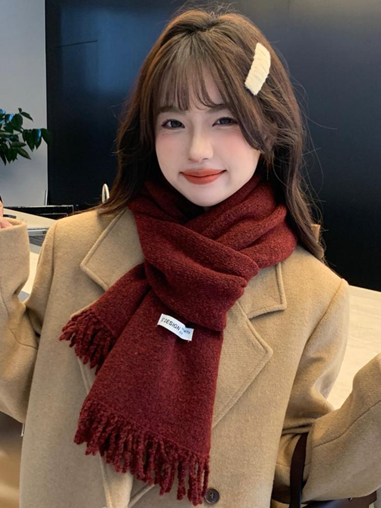 Women Winter Red Green Christmas Knitted Scarf Headscarf Lady Men Preppy Simple Tassel Scarve Foulard Wrap Shawl Casual Korean