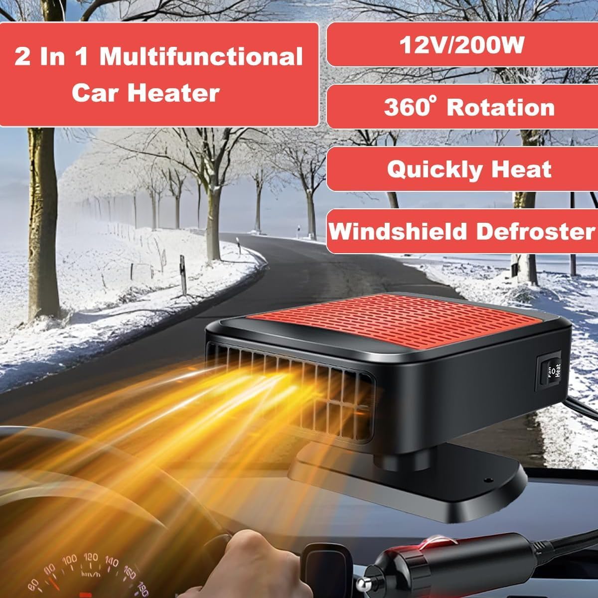 

Portable 12V 200W Car Heater & Defroster, 2-in-1 Fast Heating/Cooling Fan with 360° Rotation (Red) красный