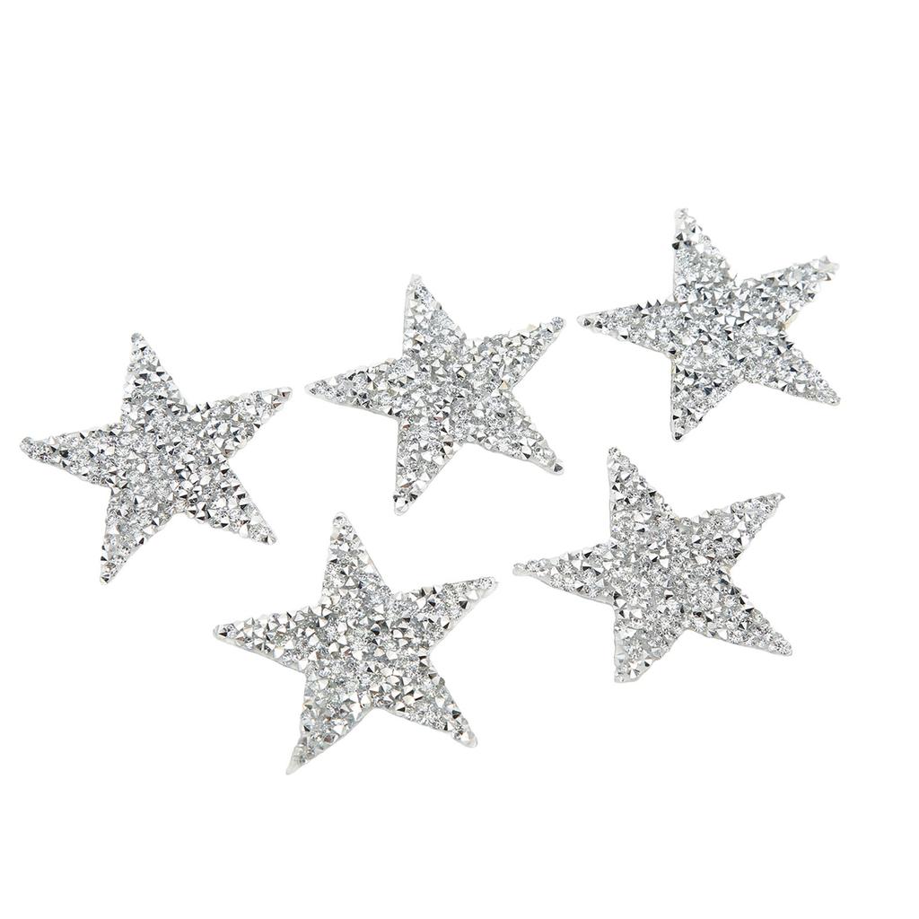 5 Pcs Star Iron On Patches 6cm Silver Resin Shiny Rhinestone Five Pointed Star Hot Melt Adhesive