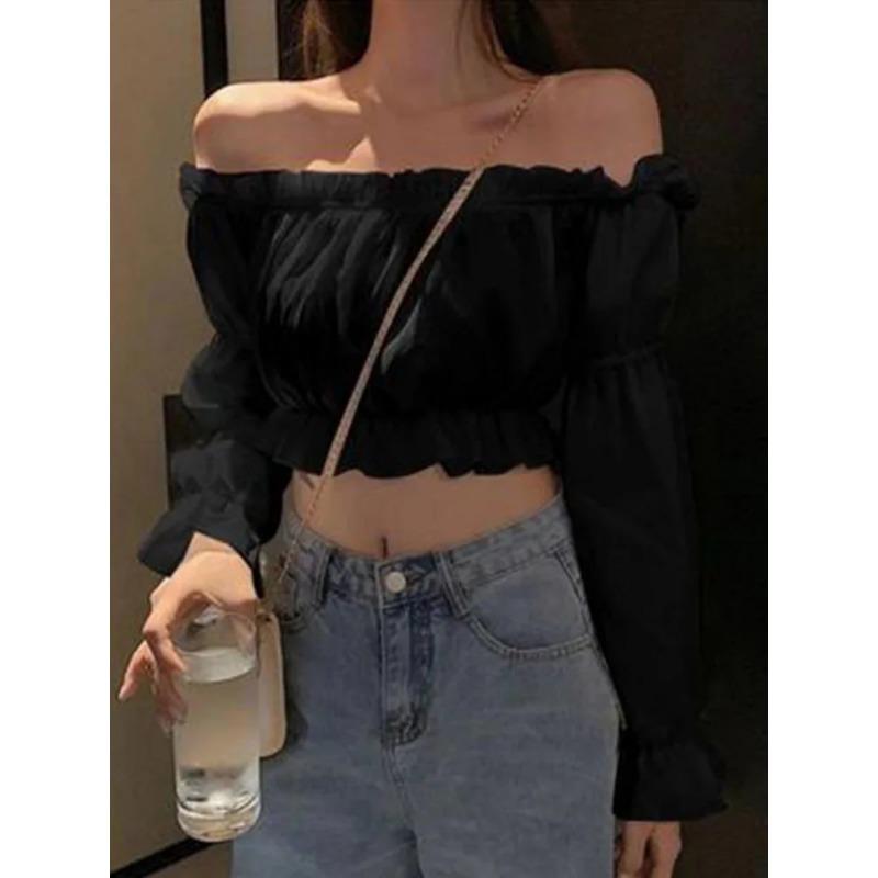 

Женский топ, сексуальная блузка с открытыми плечами, топ с длинными рукавами, однотонная белая рубашка, туника с пышными рукавами и рюшами, укороченный топ, летний топ-труба XL чёрный