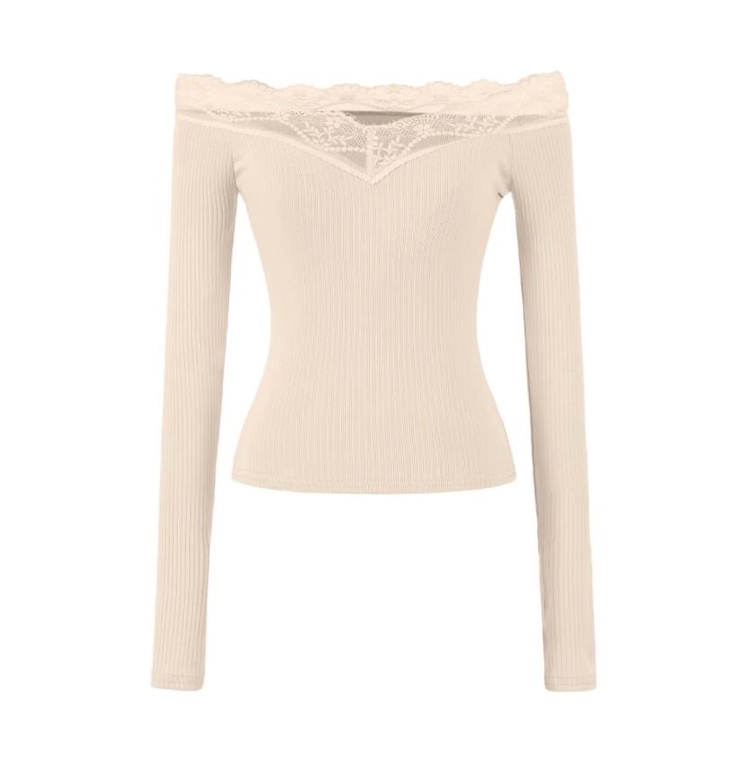 Lace One-word Shoulder Long-sleeved T-shirt Women's Spring and Summer New American Spice Girl Solid Color Splicing Bottoming Shirt Top