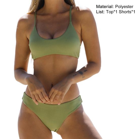 Chic Swimwear Set U-neck Ribbing Split Padded Bra Sexy Briefs Swimsuit Bikini Set for SPA