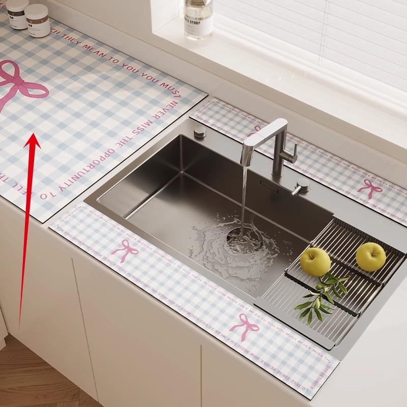 3PC Kitchen Faucet Diatomaceous Earth Water Stopper Drain Mat Bathroom Countertop Absorbent Mat Long Narrow Edge Coaster