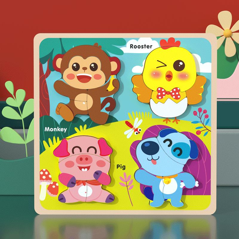 Wooden Baby Toys Montessori Toys 3D Puzzles Early Education Learning Cartoon Animal Jigsaw Puzzles Intellectual Cognitive Games