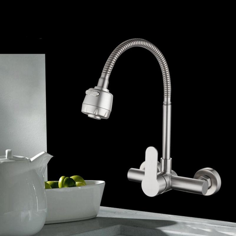 Wall Mounted Kitchen Faucet Hot Cold Mixers Kitchen Sink Tap 360 Degree Swivel Flexible Spout Stainless Steel Wall Mounted