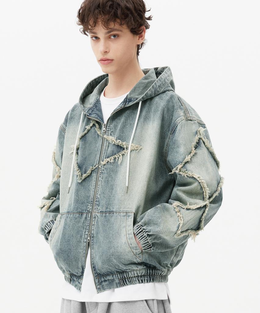 Trillion Star Applique Damaged Wash Denim Jacket (Beige Blue)