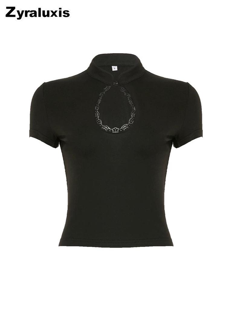 Dark Style Sexy Slim Fit Waterdrop Neck Short Sleeve T-Shirt for Women with Cutout Design Casual Top