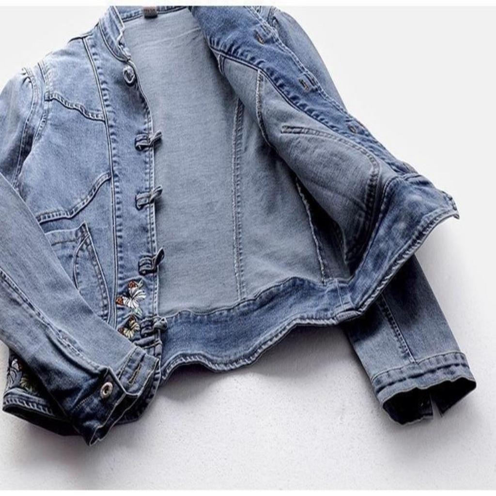 Kurtka dżinsowa damska z panelem, damska kurtka dżinsowa z nadrukiem w panterkę i długimi rękawami