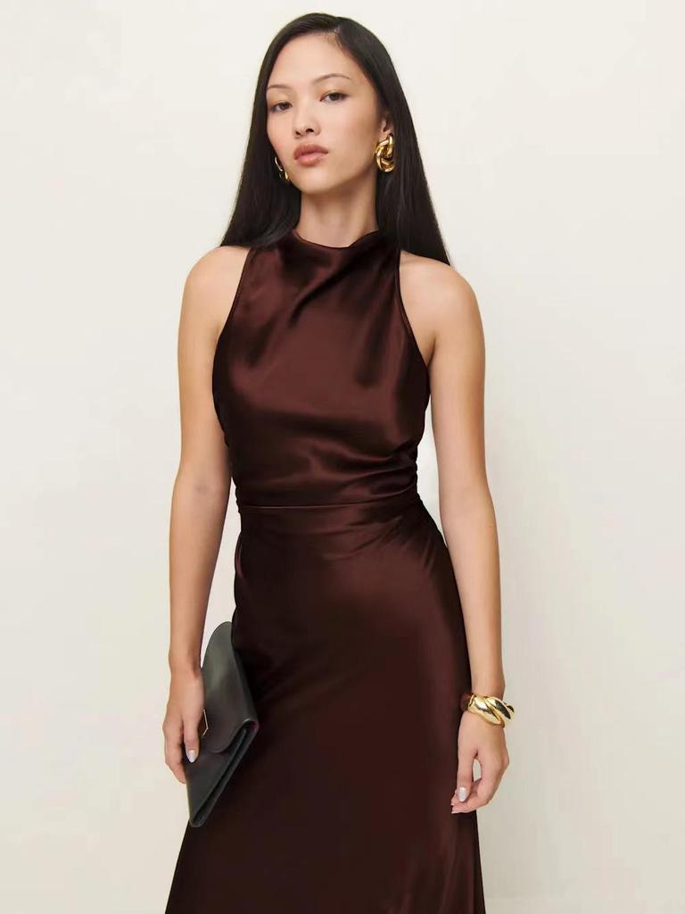 Spring Summer Sexy Halter Long Dress - European & American Style, Slim Fit, Solid Color, Sleeveless for Women