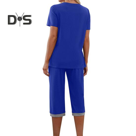 Women's Pajama Set Short Sleeve V-Neck Top And Wide Leg Cropped Pants 2 Piece Lounge Set Casual Summer Sleepwear with Pockets