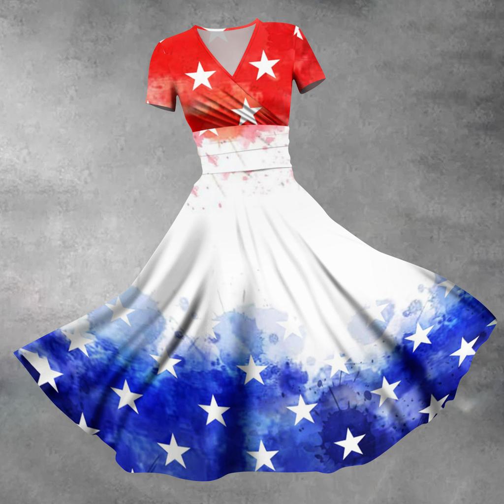Damenmode Lässiges Independence Day Bedrucktes Kurzarmkleid Elegantes Maxikleid