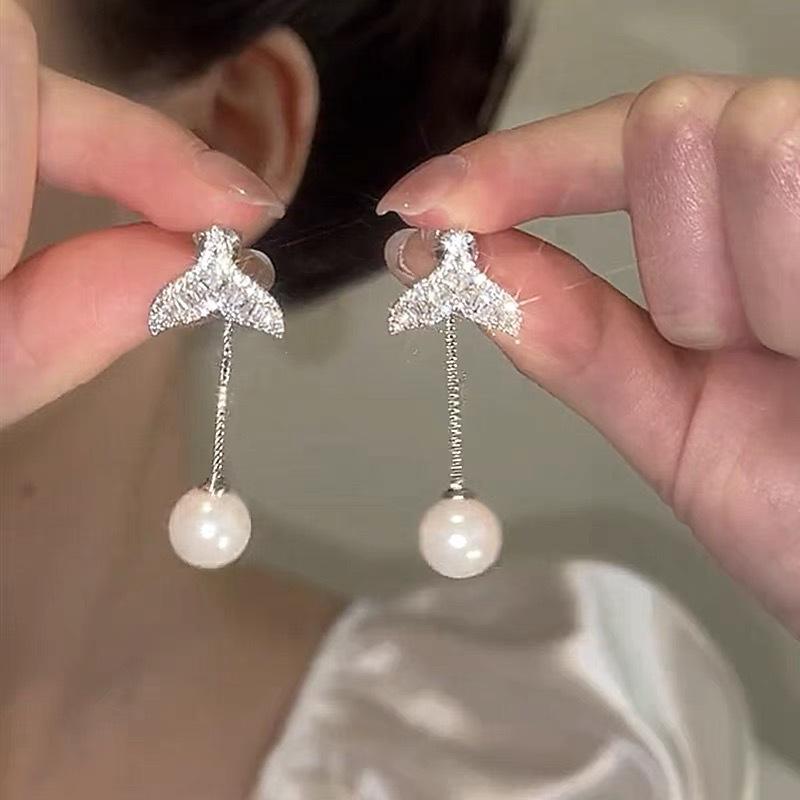 Elegant French Zircon Fishtail Pearl Tassel Earrings - Versatile Two-Way Wear for Women