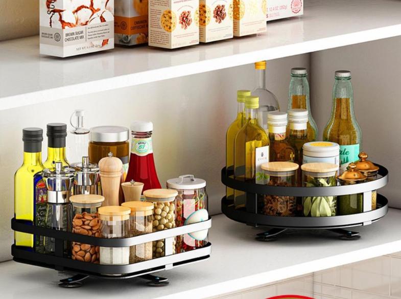 360°Rotating Kitchen Spice Rack Round Storage Container Non-Skid 2 Tier Turntable Organizer Storage Tray Cosmetics Organizer