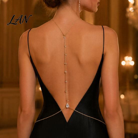 Thin Body Chain Rhinestone Waterdrop Back Chain, Bridal Wedding Backless Dress Backdrop Women Waist Necklace, Adjustable Sexy Jewelry for Tassel