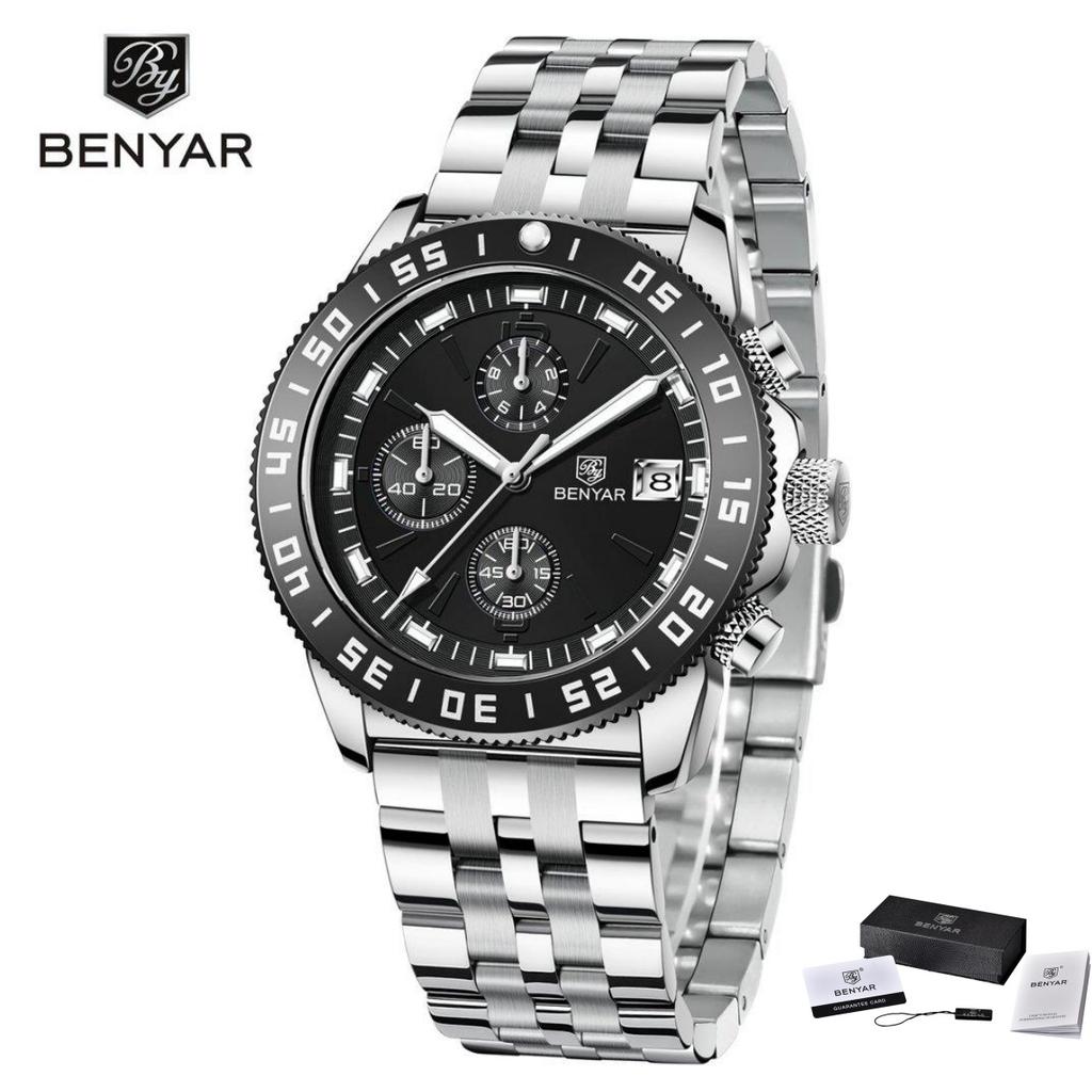 BENYAR BY-5198 Men's Quartz Watch Stainless Steel / Silicone Bracelet Waterproof Men's Sport Chronograph Wristwatch Reloj Hombre
