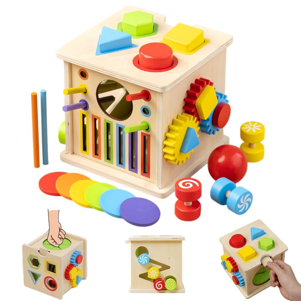 Bajoy 8-in-1 Montessori Toy: A Multi-functional Wooden Toy That Keeps Children Entertained, Featuring Color Sorting, Shape Sorting, Drawers, a