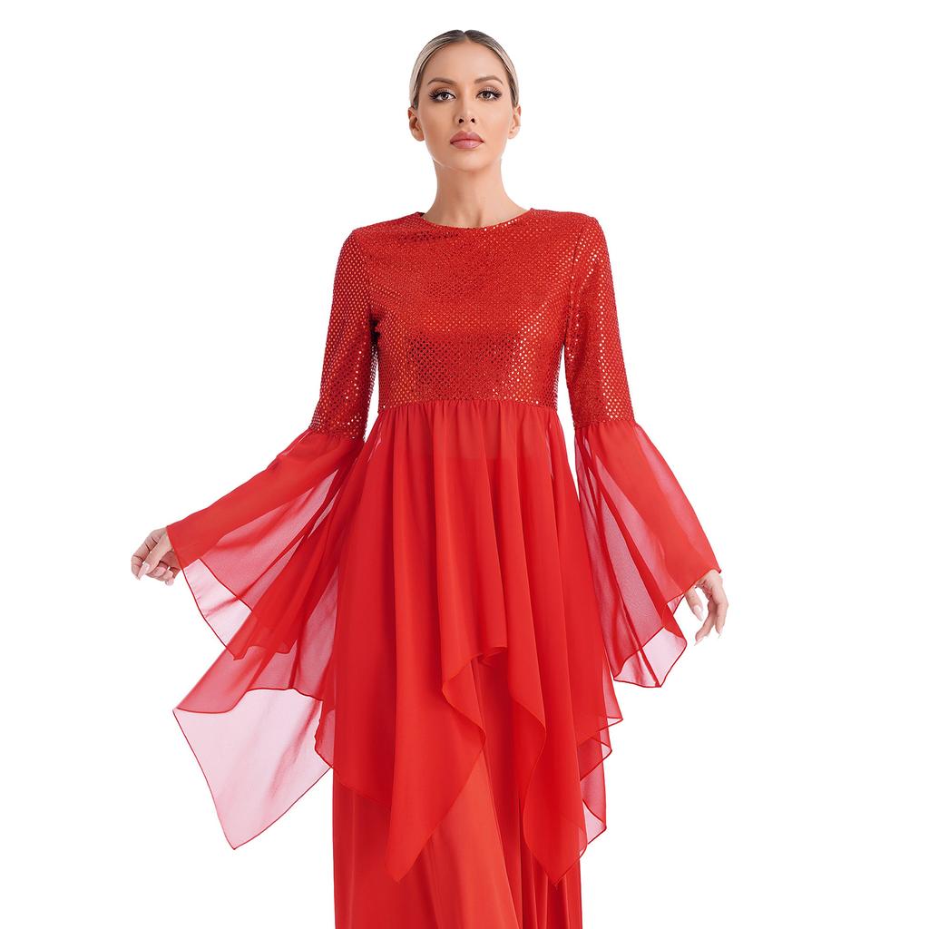 Dámská třpytivá šifonová liturgická tunika na chvály s nepravidelným lemem, vrchní díl na uctívací tanec