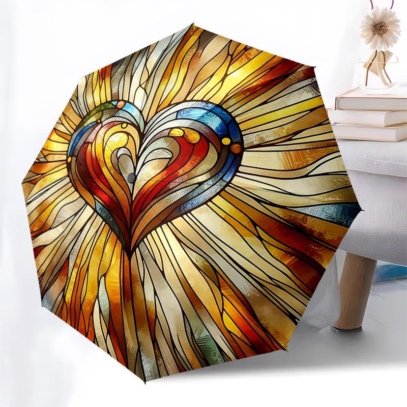 

1pc Stained Glass Heart Auto-Folding Umbrella: Portable 3-Fold Design with 8-Bone Iron Frame - Perfect for Outdoor Use, Festive Gifts, Fans, Travel, D