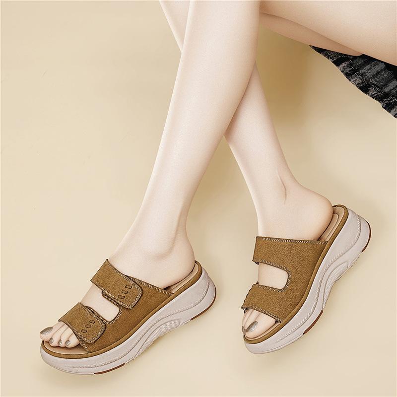Casual Outer Wear Slippers Slope Heel One-word Drag Summer Outer Wear Not Tired Feet Sandals Versatile Thick-soled Velcro Sandals