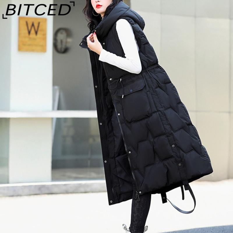 BITCED Women's Plus Size Long Down-Filled Quilted Vest with Hood, Thickened Sleeveless Coat for Autumn/Winter