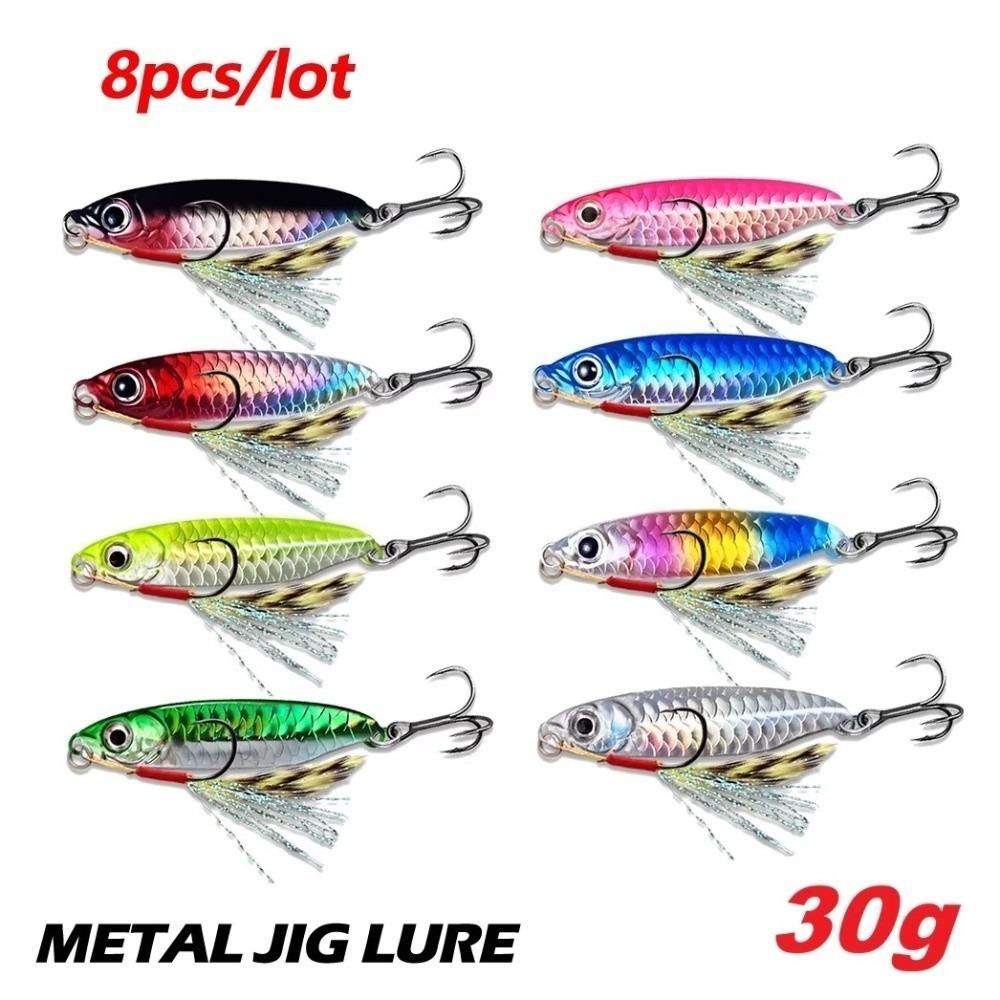 8Pcs Set Sharp Hooks Metal Fishing Lure 3D Eyes Design Metal Jig Spoon Saltwater Fishing