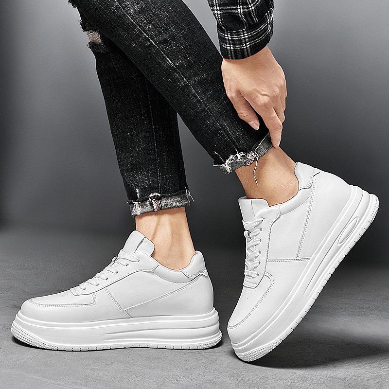 Invisible 8CM Height Boost White Casual Men's Cowhide Shoes - Autumn Fashion with Thick Sole
