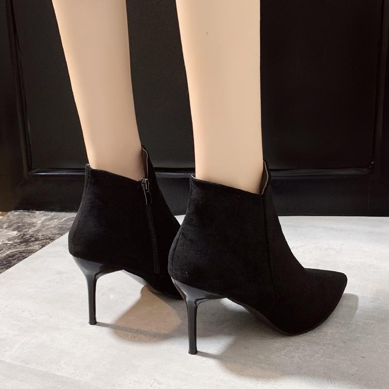 Mode Kuhvelours Mid-Calf Stiefel Herbst Neu Spitzzehe Pop-up Rutschfest Abriebfest Stilettoabsätze