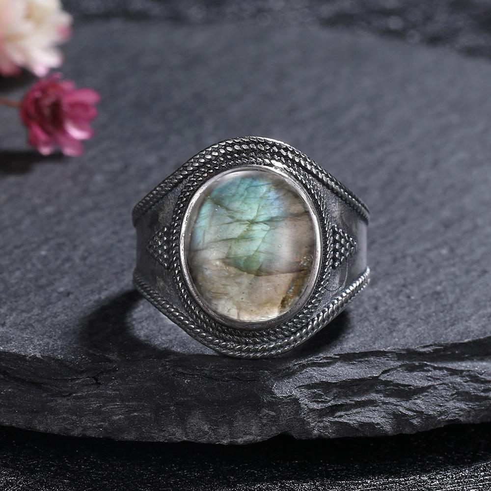 CopperRing for Women Oval Round Natural Labradorite Ring Gift Sun Shaped Retro Luxury Fine Jewelry