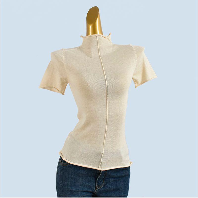 Six Fleece Knit Half-high Collar Short Sleeve T-shirt Bottoming Shirt Women Summer Simple Slim Fit Outer Wear Pullover Top